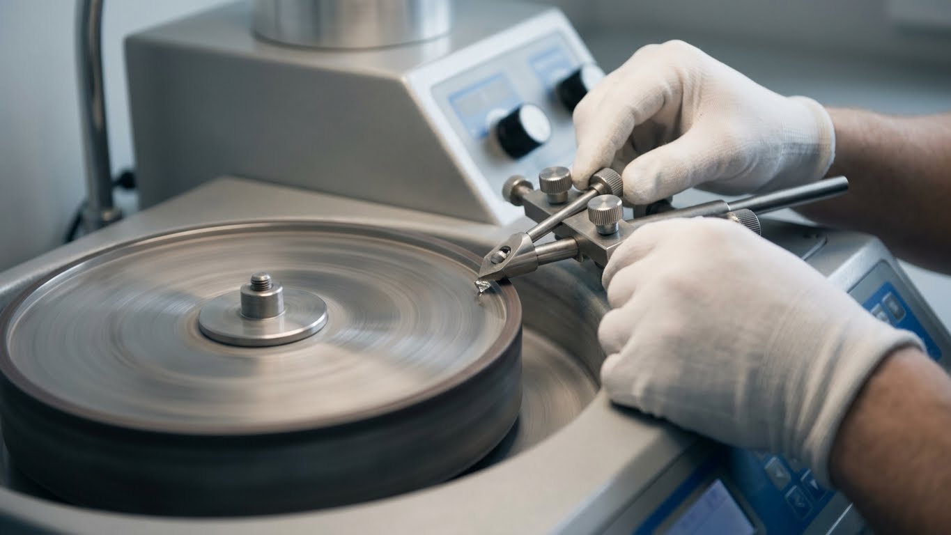 Lab grown diamond polishing on precision cutting wheel