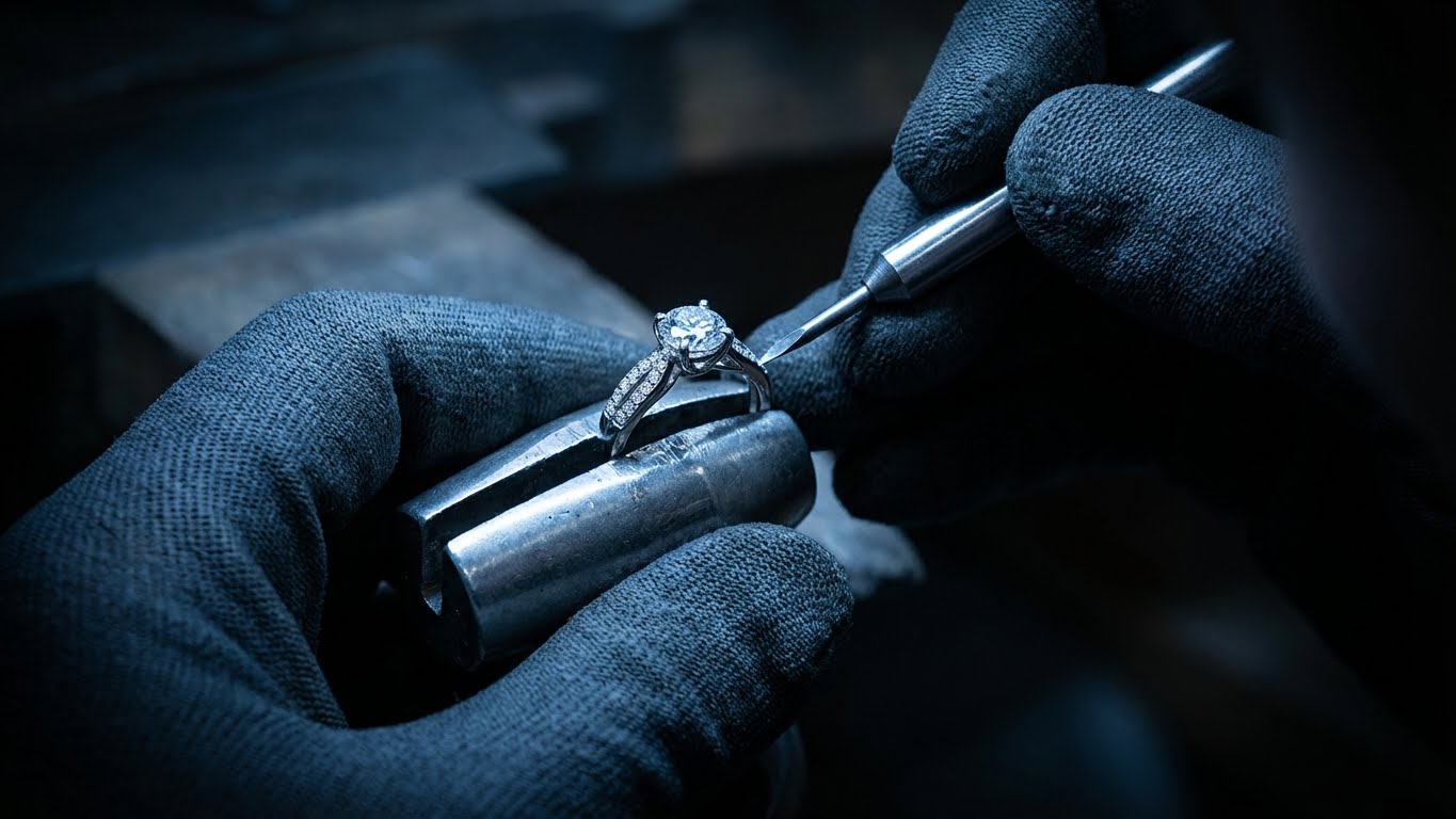 Master jeweller setting diamond into ring